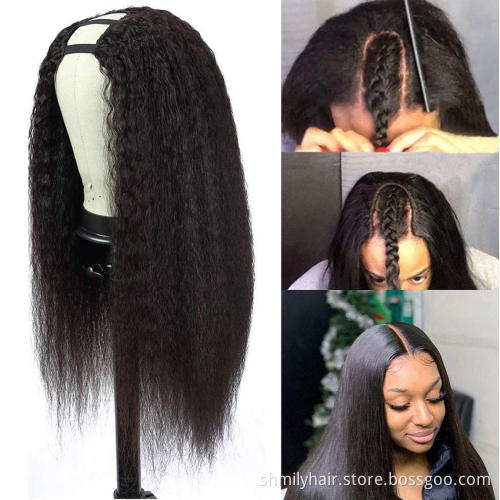 U Part Wig Kinky Straight Human Hair Wig For Black Women 150% Density Brazilian Remy Yaki Straight Glueless Middle U Shape Wigs